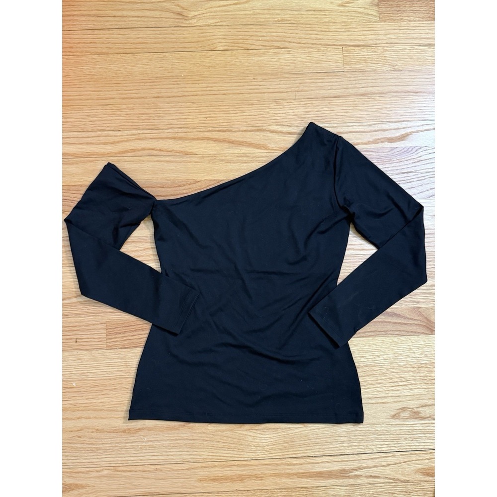 Susana Monaco Black Sculpty One‎ Shoulder Long Sleeve Shirt  Sz L Soft Body Con - Picture 4 of 6
